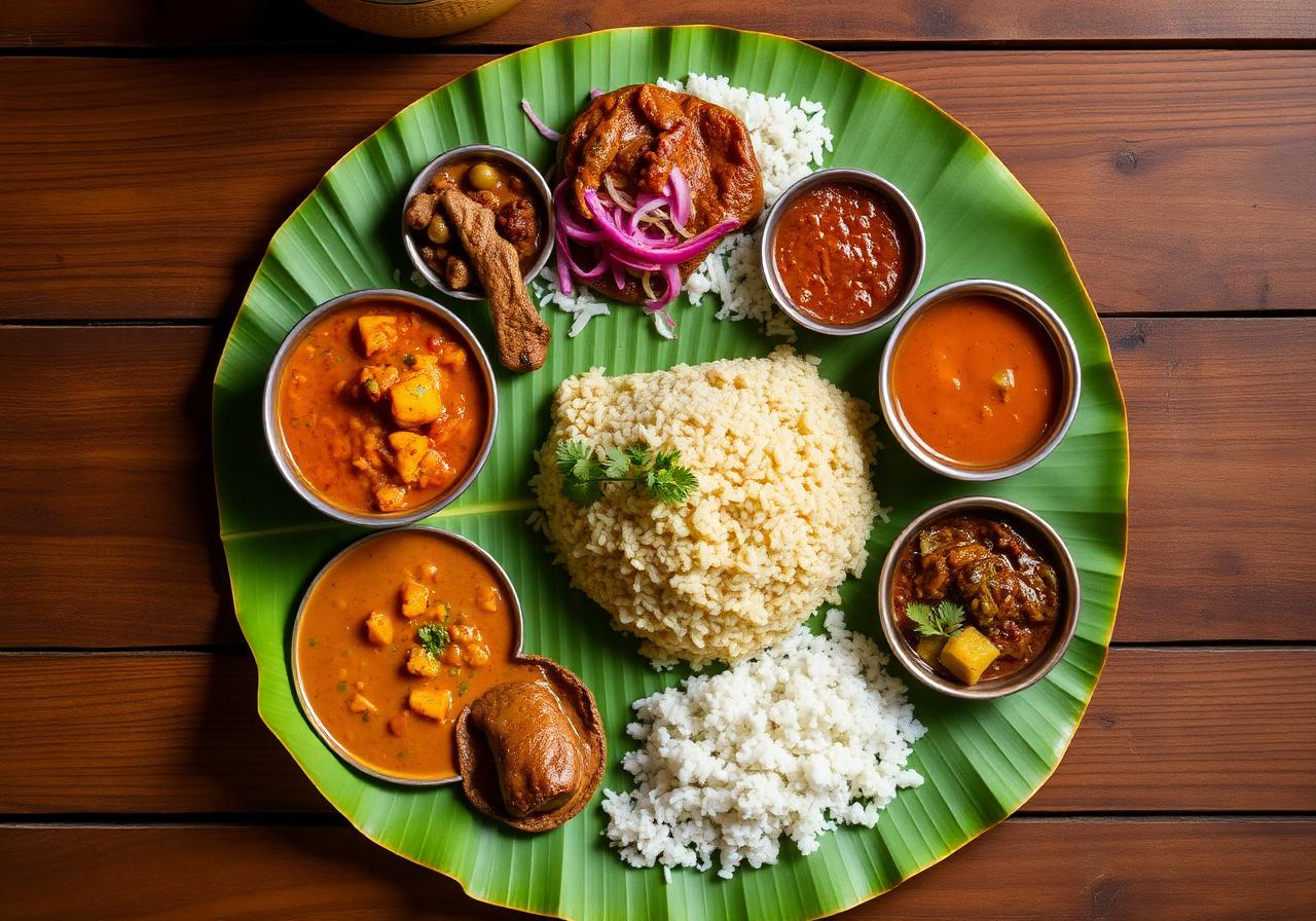 A South Indian thali served on a banana leaf