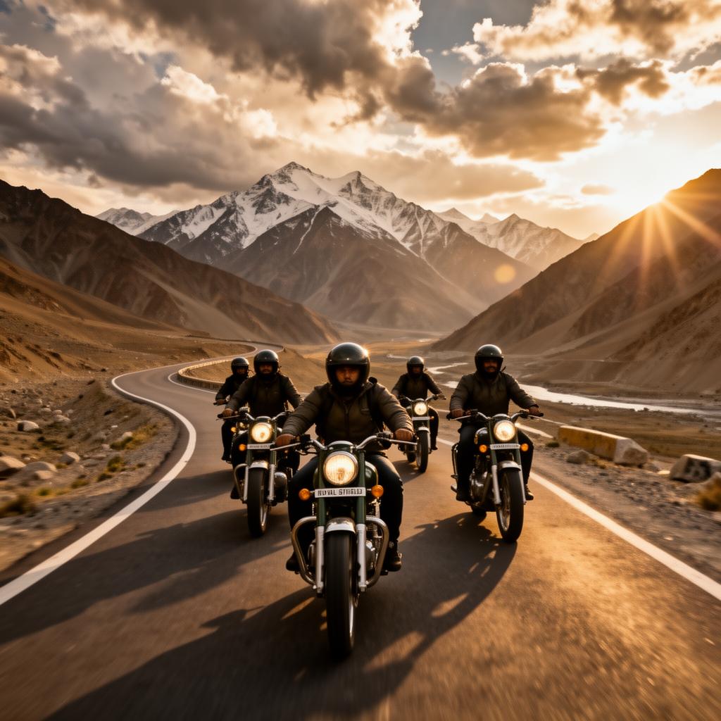 Motorcyclists riding through Ladakh