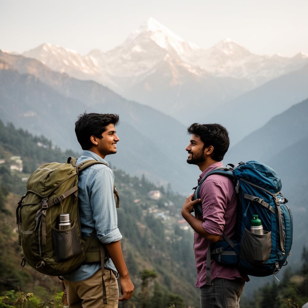 Two travellers meeting in the Himalayas