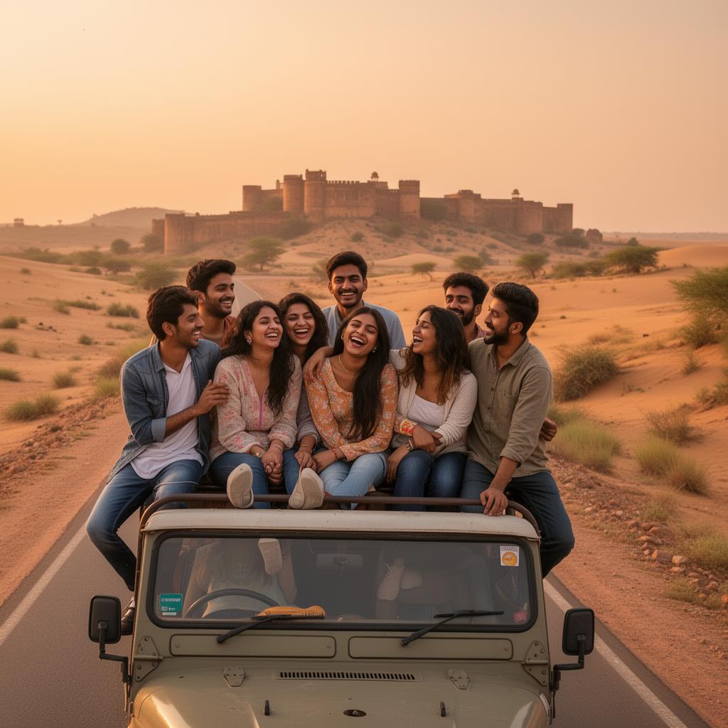 A group of friends laughing on a Rajasthan road trip